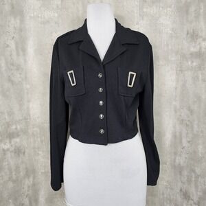 Vintage 90s‎ Cache Womens 14 Black Knit Nylon Cropped Jacket Button Front L/S